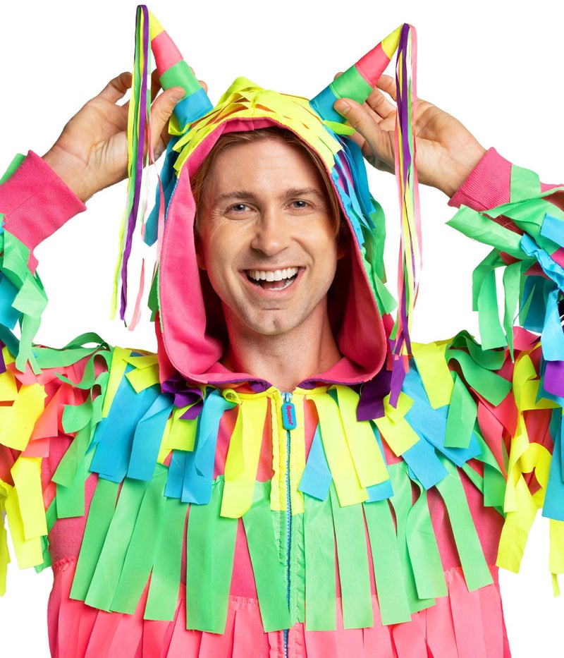 Tipsy Elves Halloween Costumes for Men - Bright Multicolored Pinata Jumpsuit Funny Halloween Costume Adult Onesie - Full Zip Mens Hooded Jumpsuit With Pockets Colorful Attached Streamers Size Medium - Image 3